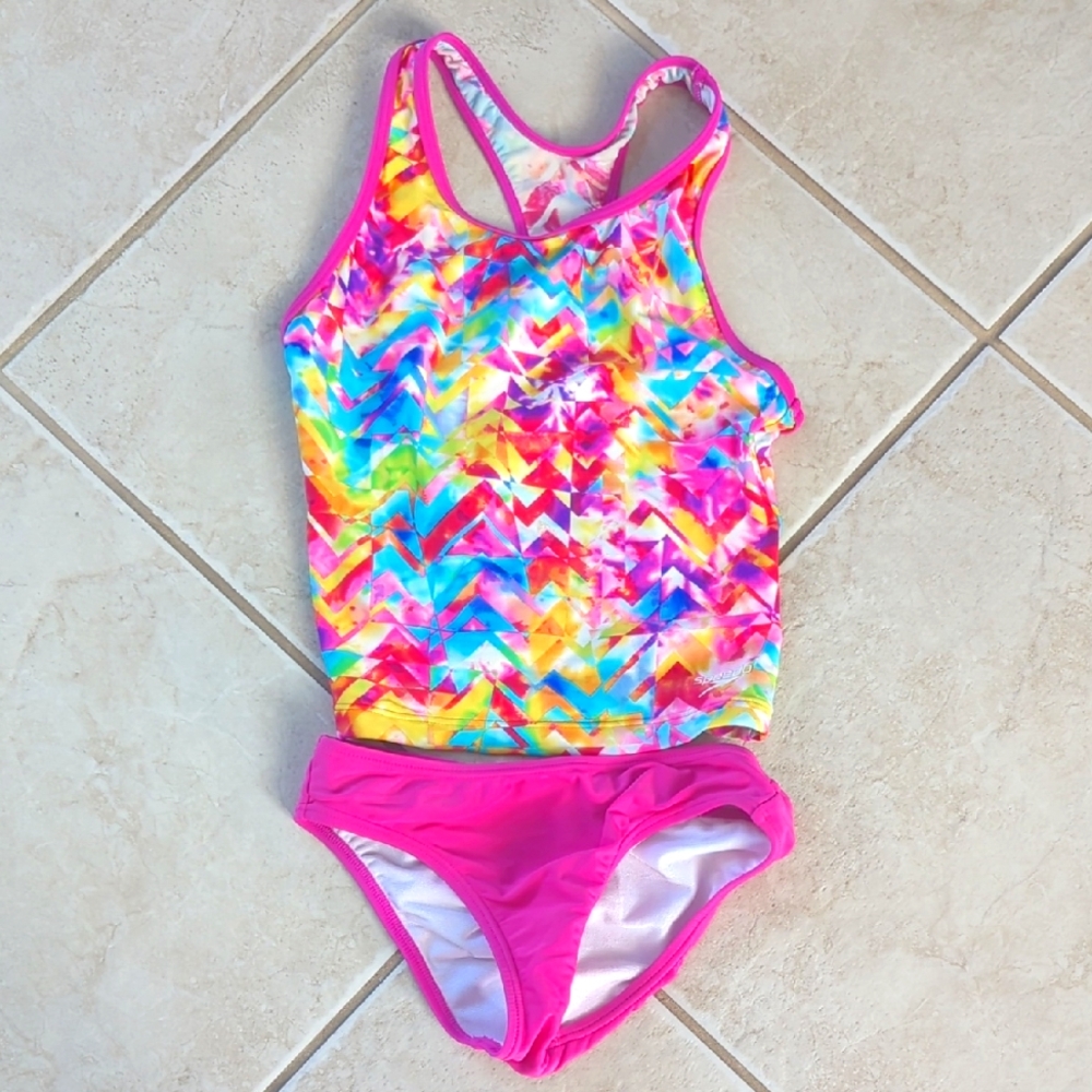Colorful Kids Bright Pink Multi Color Tankini Speedo Swim Set